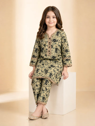 Girls Beige & Black Floral Printed Cotton 2-Piece Suit